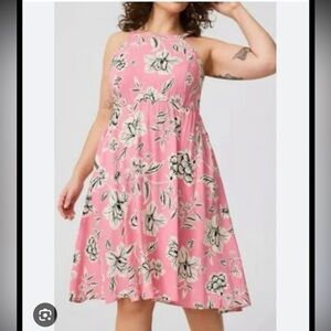 Floral Pink A-Line sleeveless challis Dress with pockets.
